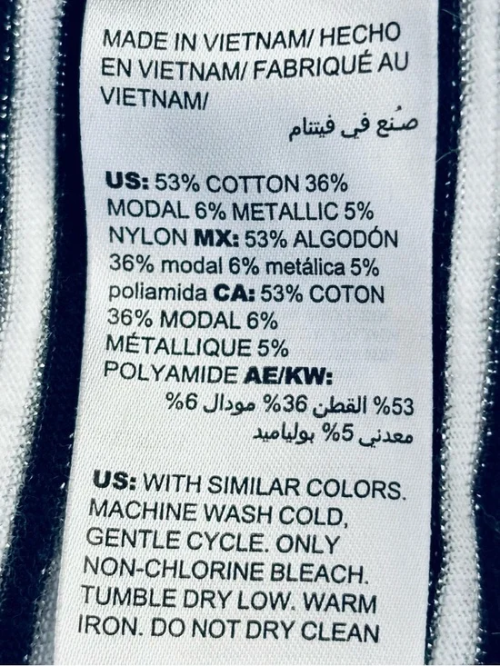 Chico's Top Knit Navy White Silver Stripe roll-tab 3/4 Sleeve Scoop casual large - Picture 8 of 8